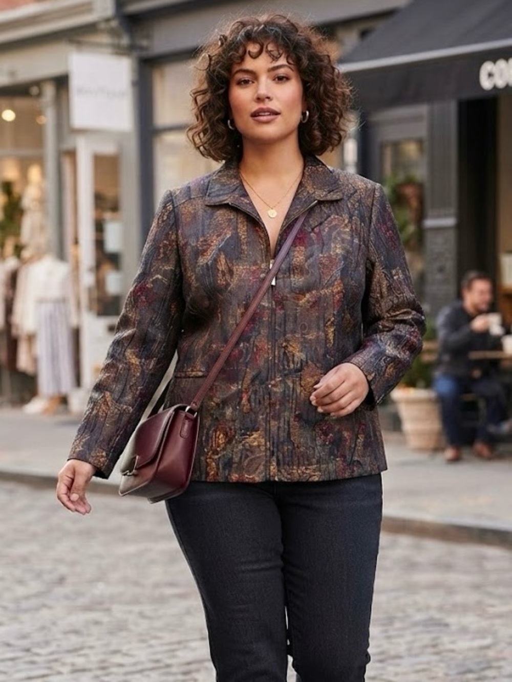 TanJay Plus Size 20W Metallic Paisley Zip-Front Jacket Blazer Gold Thread Detail